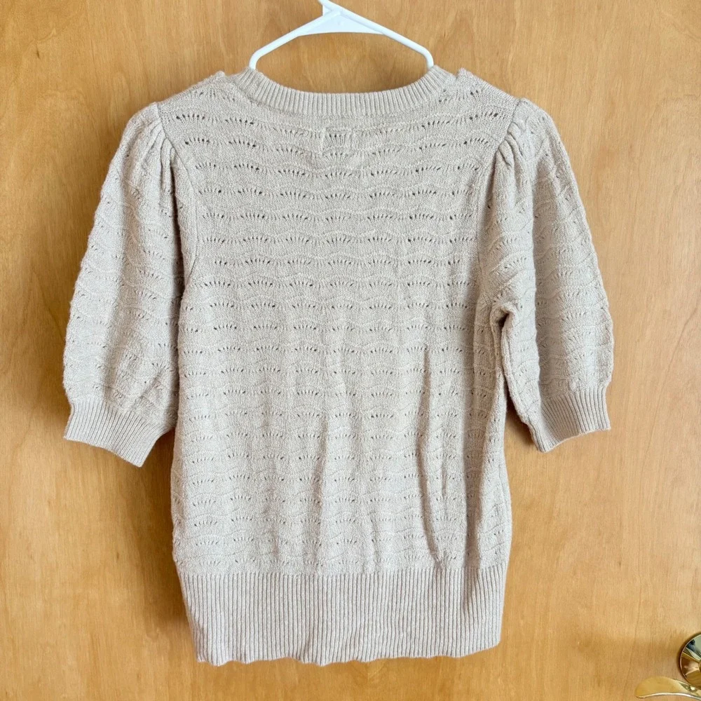 Joie Womens Beige Pointelle Scalloped Knit‎ Puff Short Sleeve Sweater Size S - Picture 3 of 8